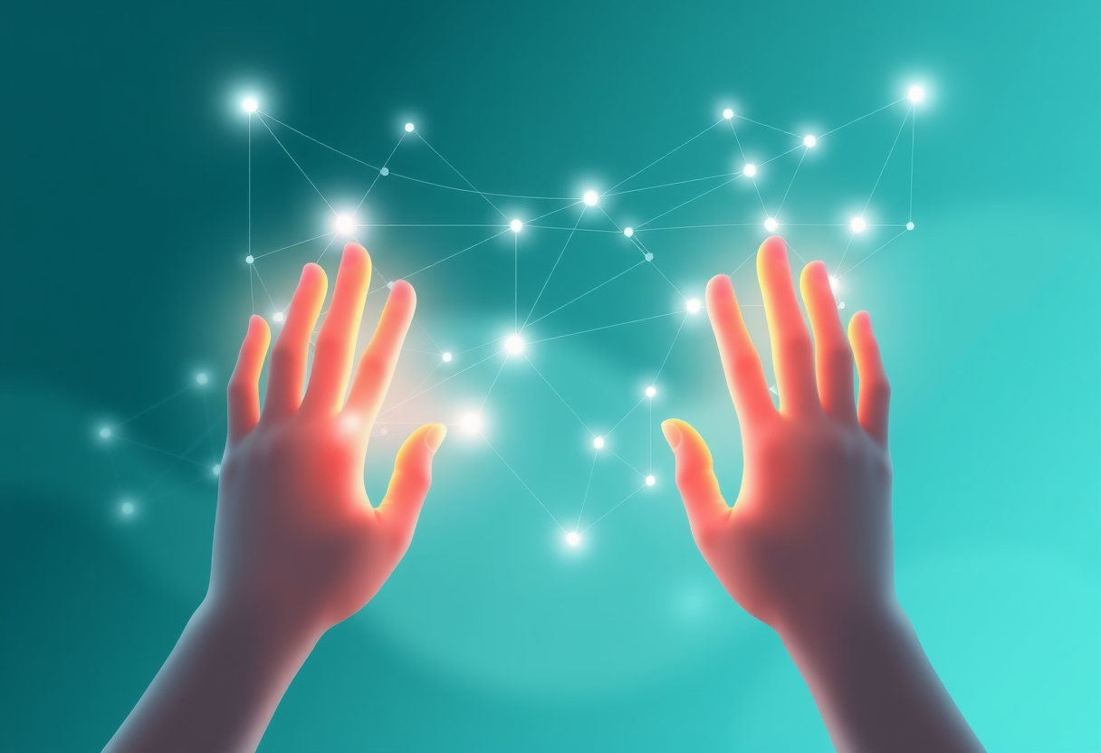 Redes geométricas brillantes se entrelazan con manos que guían la claridad lógica en una experiencia digital perfecta.