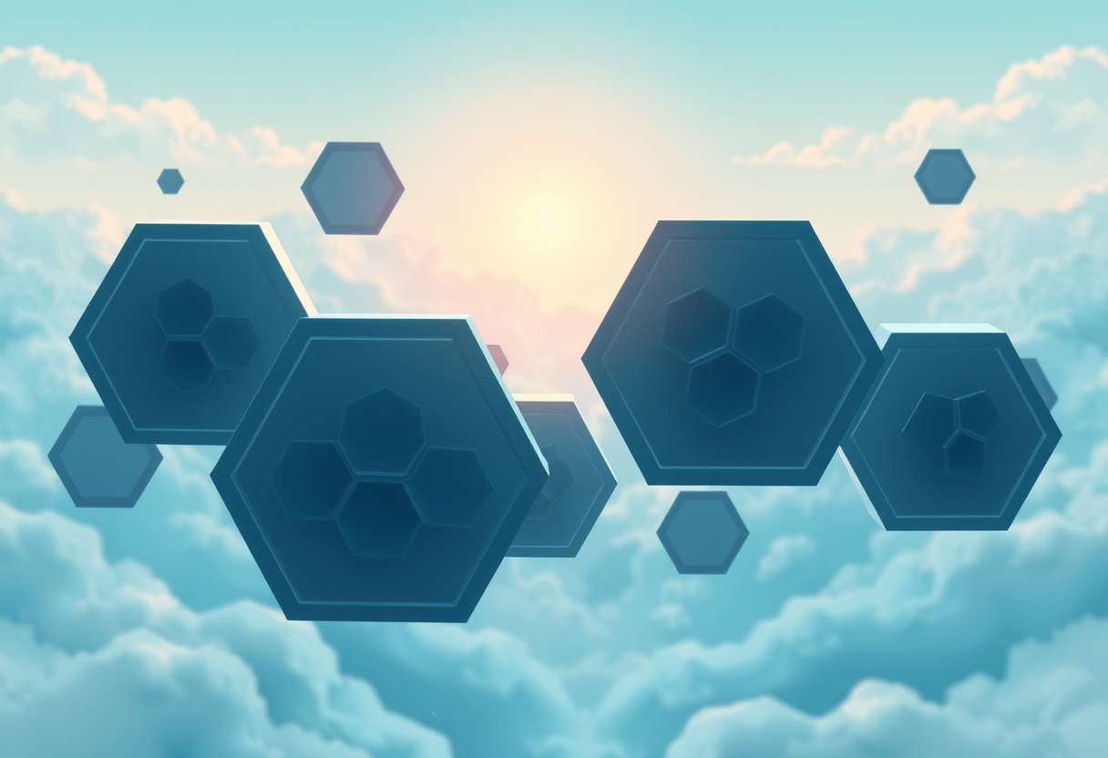 Floating hexagonal honeycomb cells blend with organic shapes in a surreal ethereal dreamscape of soft light.