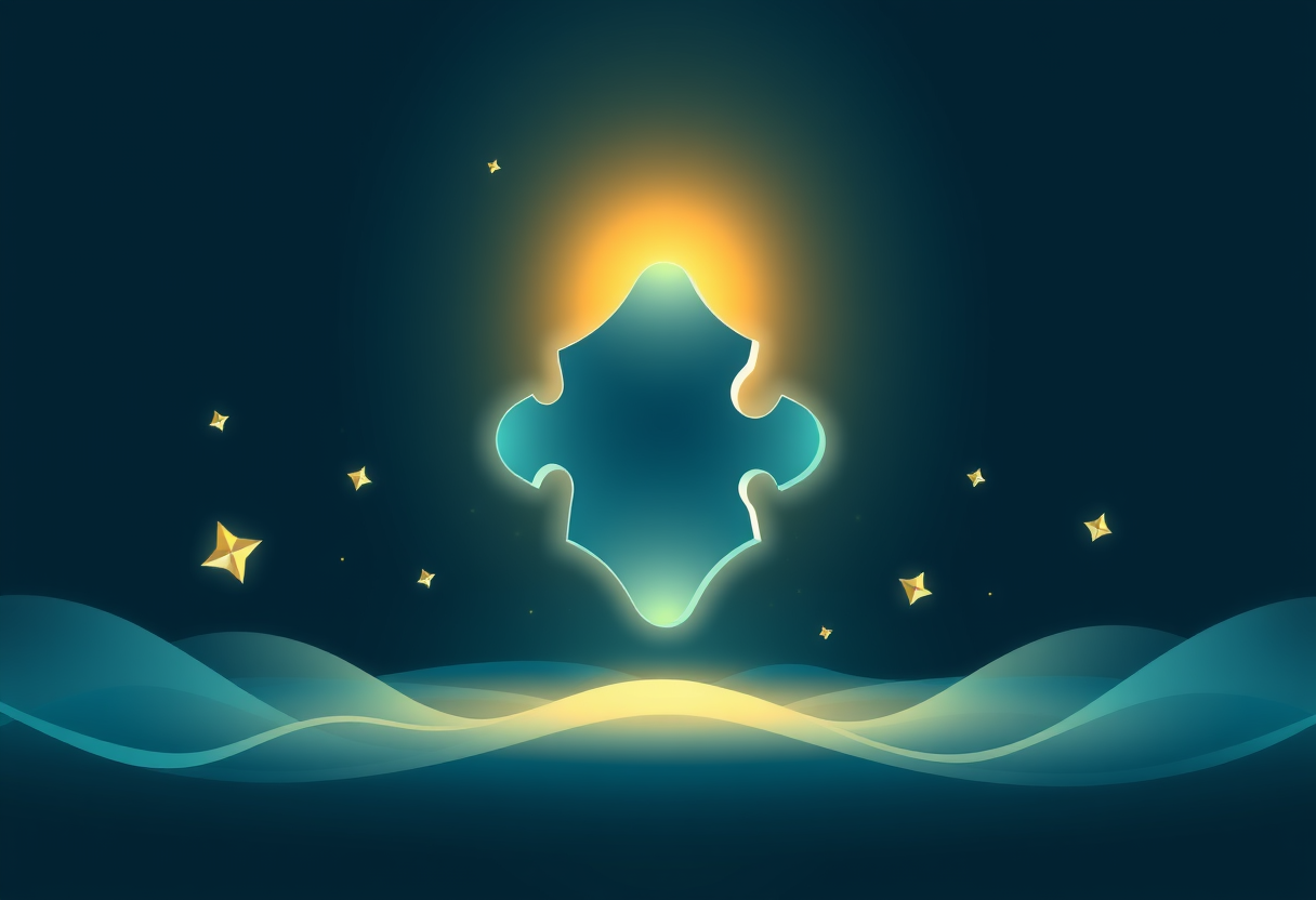 Peca de quebra-cabeça geometrica transforma-se em tesouro dourado radiante rodeado por simbolos elegantes de crescimento intelectual e luz suave.