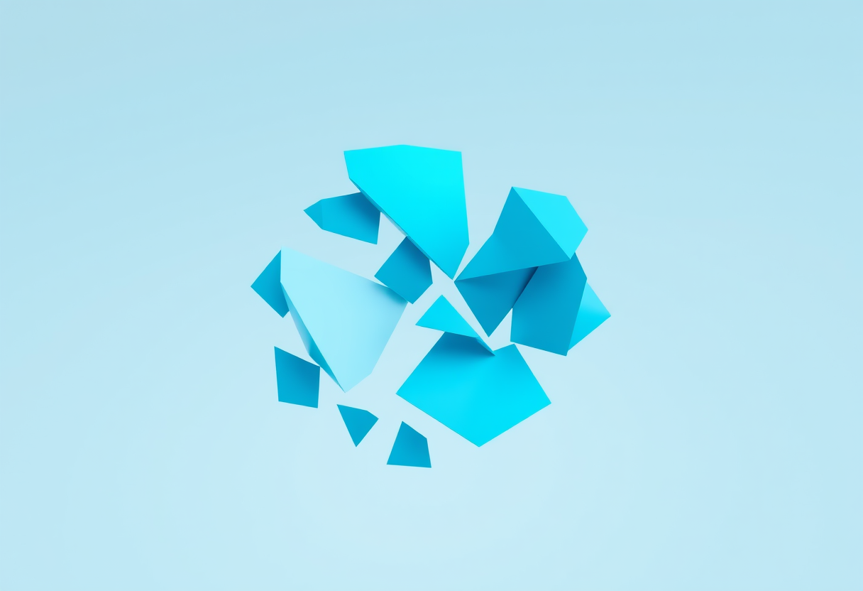 Fragmentos geométricos azules flotando en el vacío representan lógica abstracta y análisis crítico.
