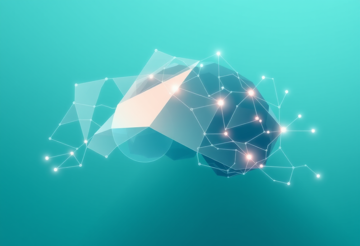 Forme geometriche eteree e percorsi neurali luminosi simboleggiano concentrazione cognitiva e chiarezza strategica