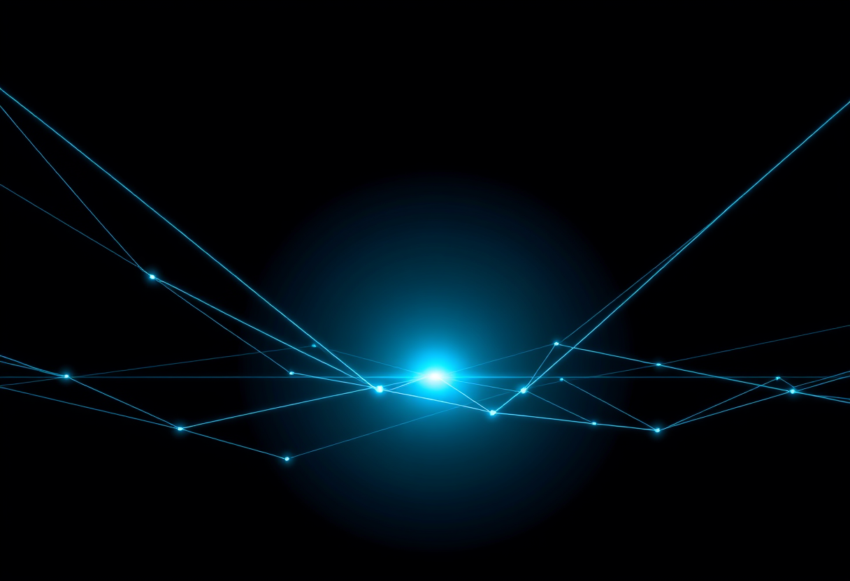Abstract geometric light trails converge on a glowing central node, symbolizing verified data points with precision.