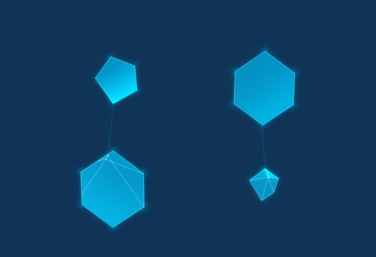 Forme geometriche luminose su sfondo blu scuro collegano giocatori in tutto il mondo.