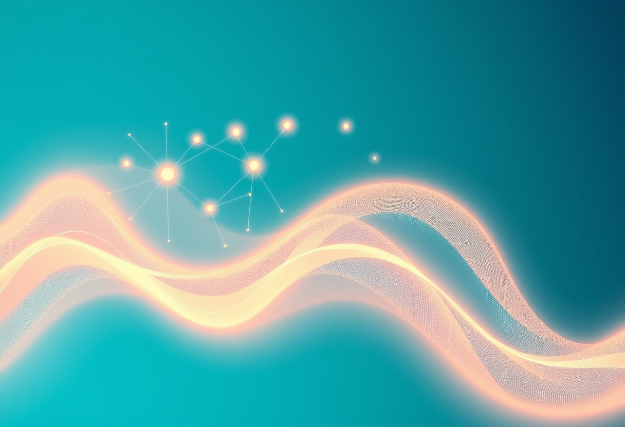 Soft glowing neural networks intertwine with organic light waves symbolizing balanced cognitive growth through harmonious geometry.