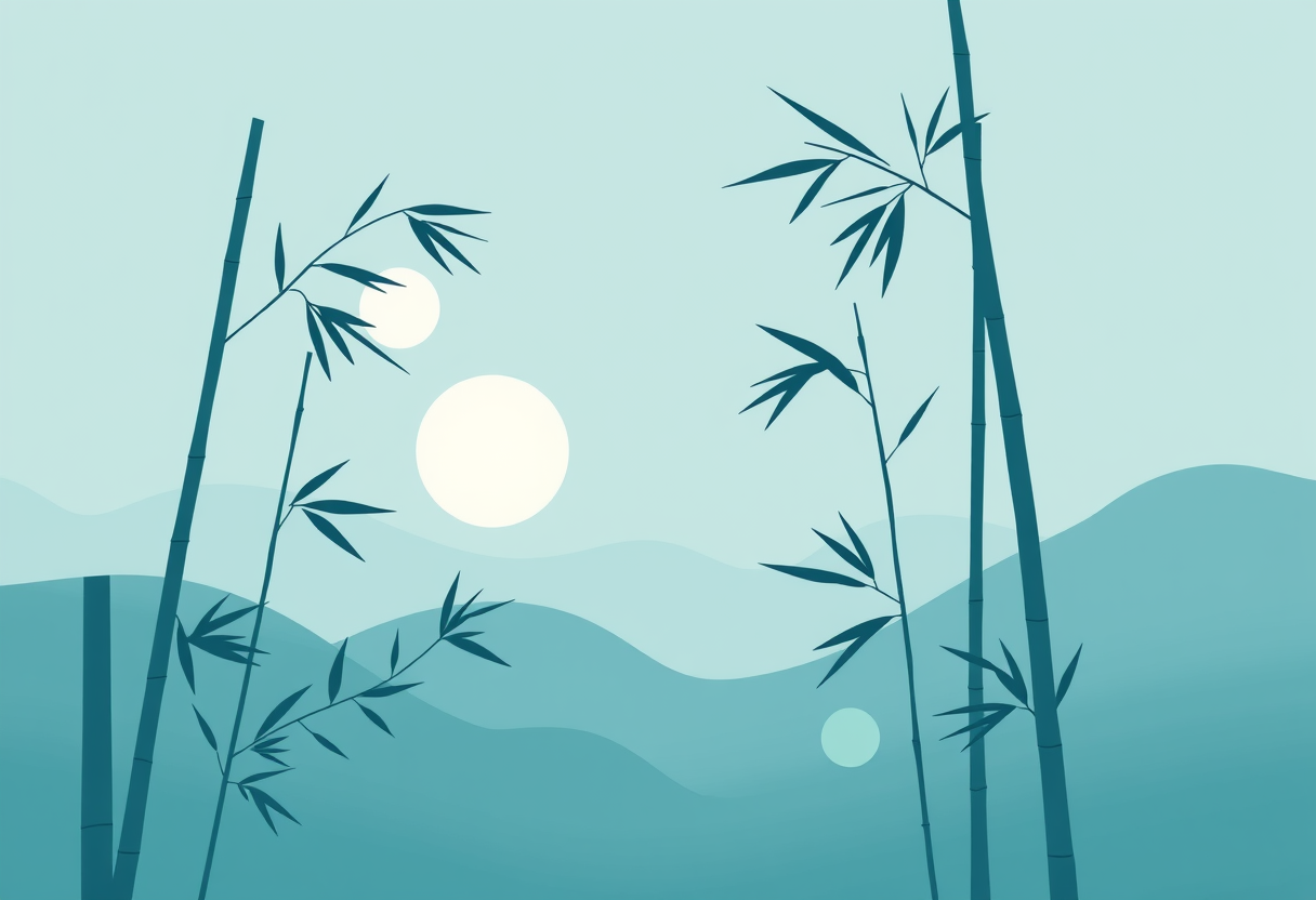 Ethereal mist weaves through minimalist bamboo silhouettes and glowing orbs symbolizing Asian logical tradition evolution.