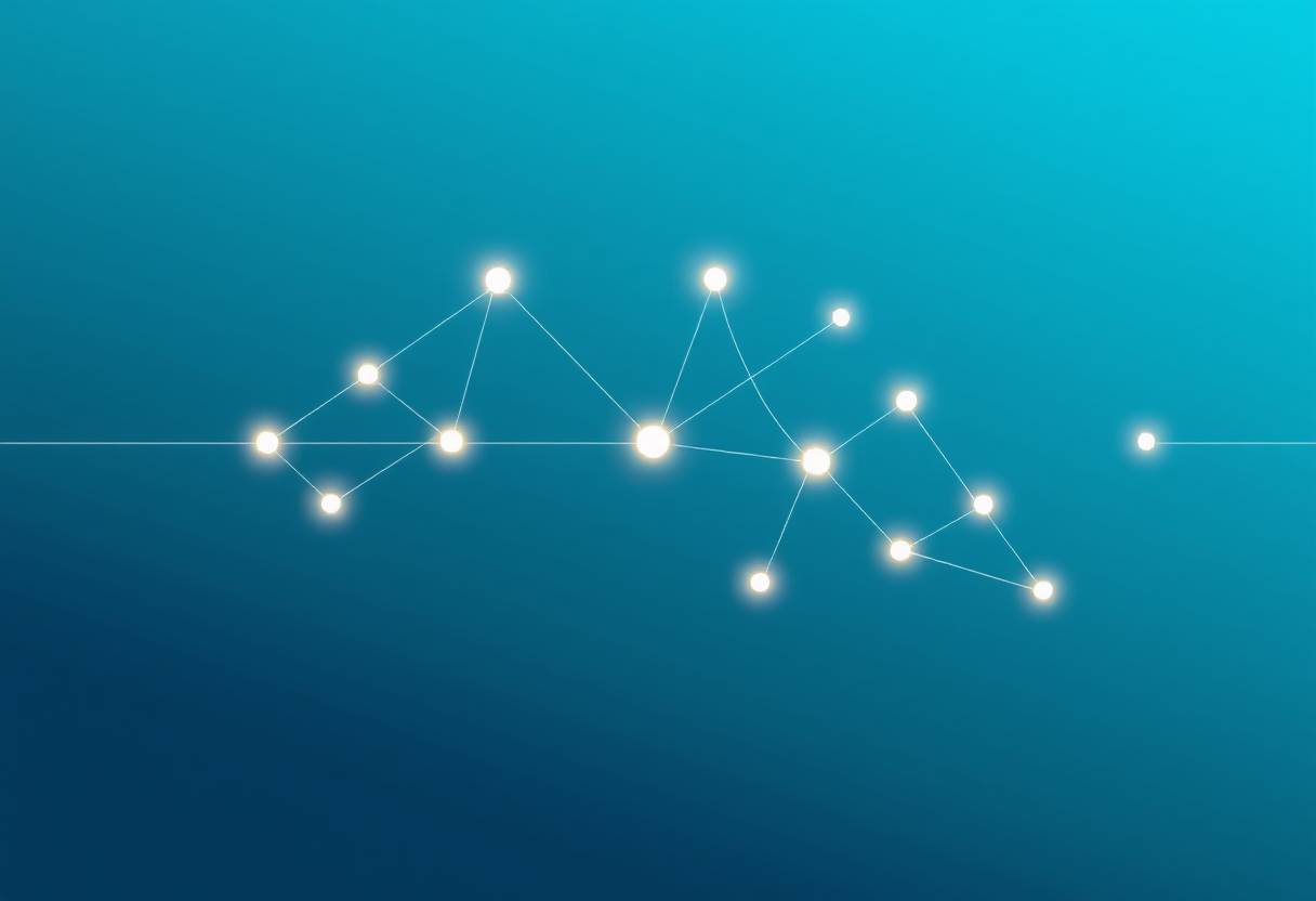 خطوط مضيئة تلتقي بنقاط هندسية على خلفية زرقاء هادئة، ترمز إلى تدفق الأفكار بسرعة وكفاءة في التصميم البسيط.