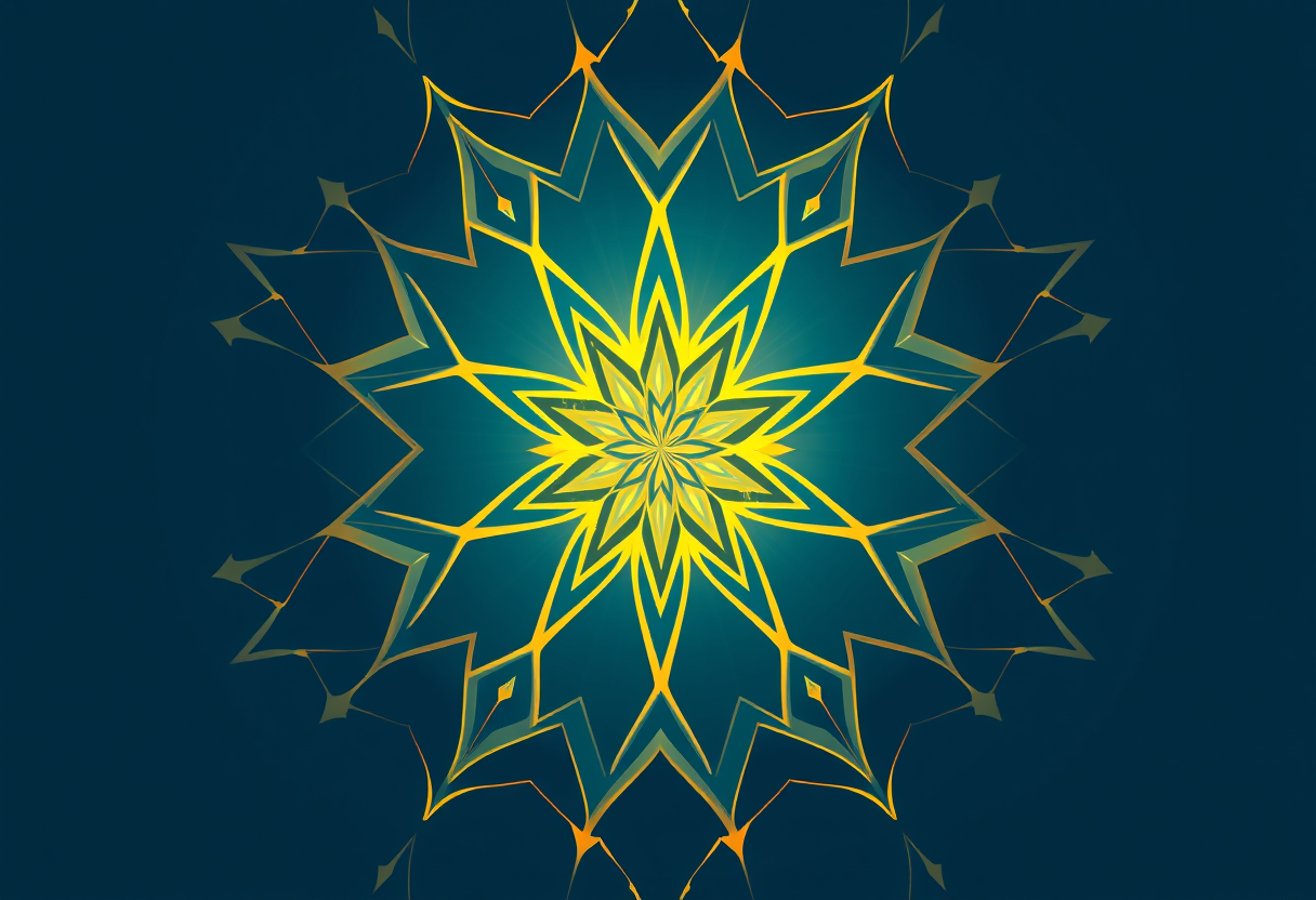 Patrón geométrico de estrellas en dorado sobre fondo azul que evoca el arte del mosaico islámico.
