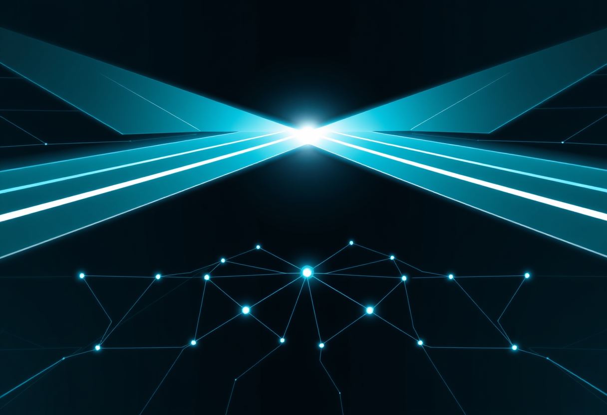 حزم ضوئية هندسية متقاطعة تتجه نحو شبكة عصبية مضيئة، ترمز إلى خوارزميات معقدة في فضاء رقمي داكن