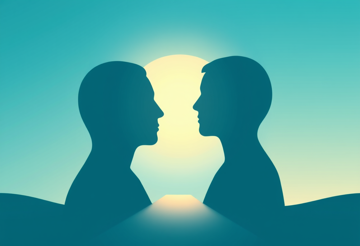 Caminho iluminado por luz suave entre duas silhuetas simbolizando orientação gentil e raciocínio lógico em gradientes abstratos