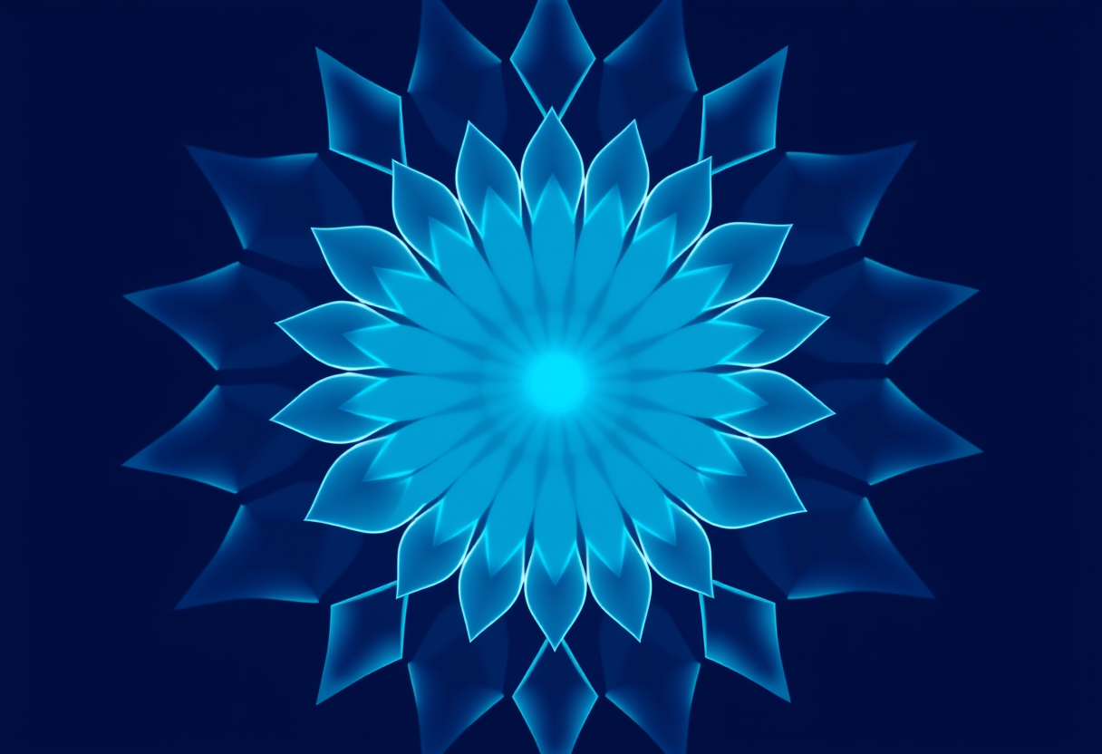 Mandala abstrata suave com pétalas geométricas brilhantes convergindo em um espaço azul profundo, criando harmonia serena.