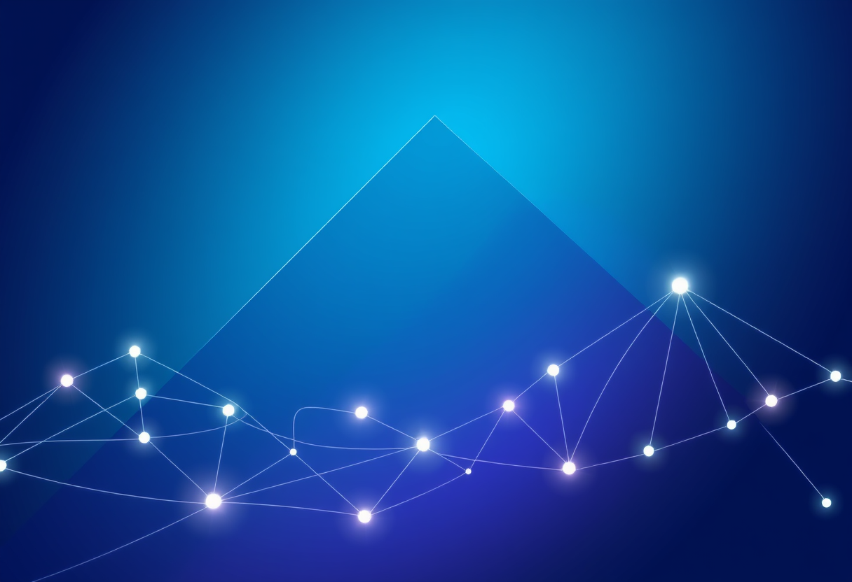 Formes géométriques lumineuses se transforment en lignes digitales interconnectées sur un dégradé bleu et violet.