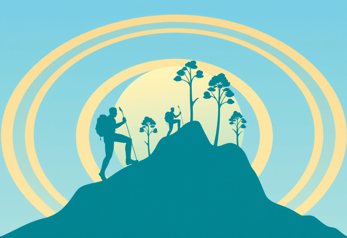 Abstract silhouettes climb glowing rings symbolizing skill progression and structured growth in blue and gold tones