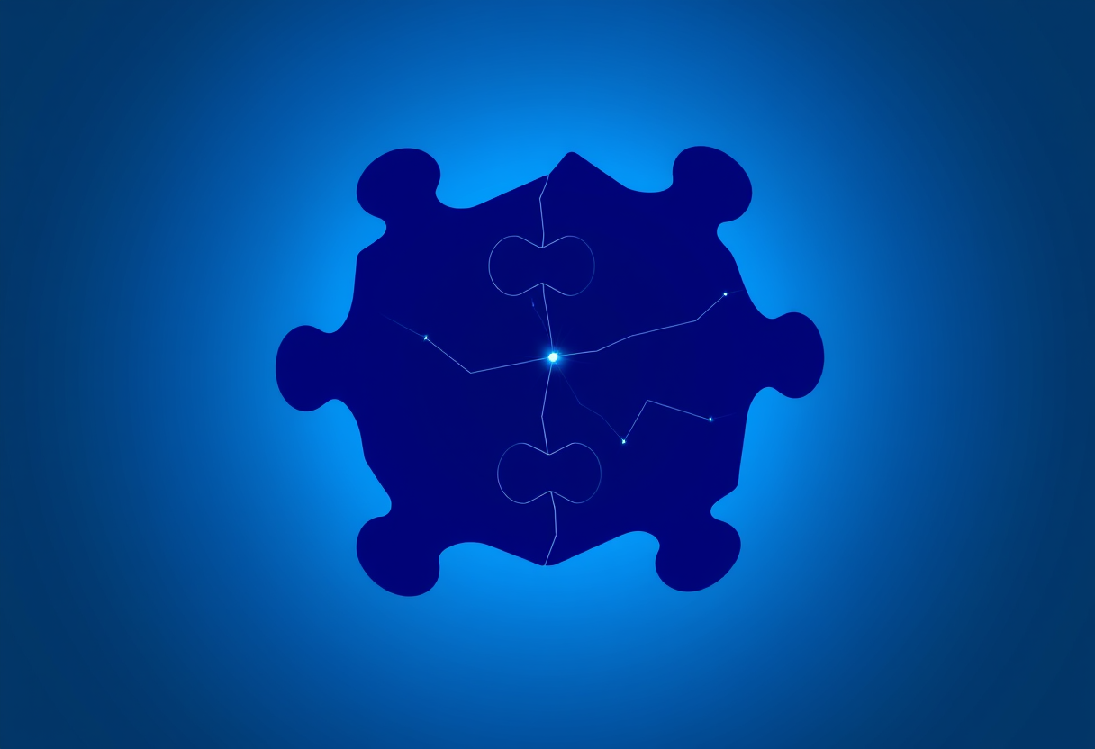 Pièces de puzzle géométriques abstraites en indigo profond sur fond dégradé doux.
