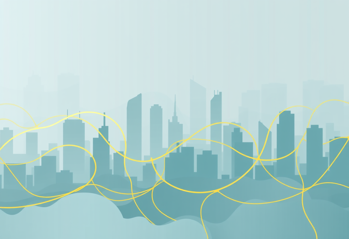 Abstract cityscape of golden labyrinthine lines weaving through misty gray silhouettes symbolizing complex logic.