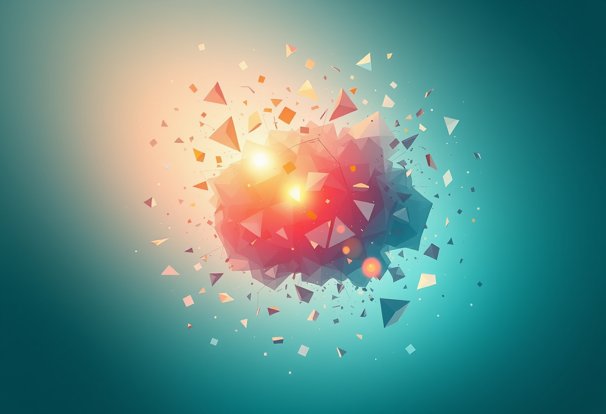 Ethereal geometric fragments colliding with warm light symbolize cognitive biases disrupting logical clarity.
