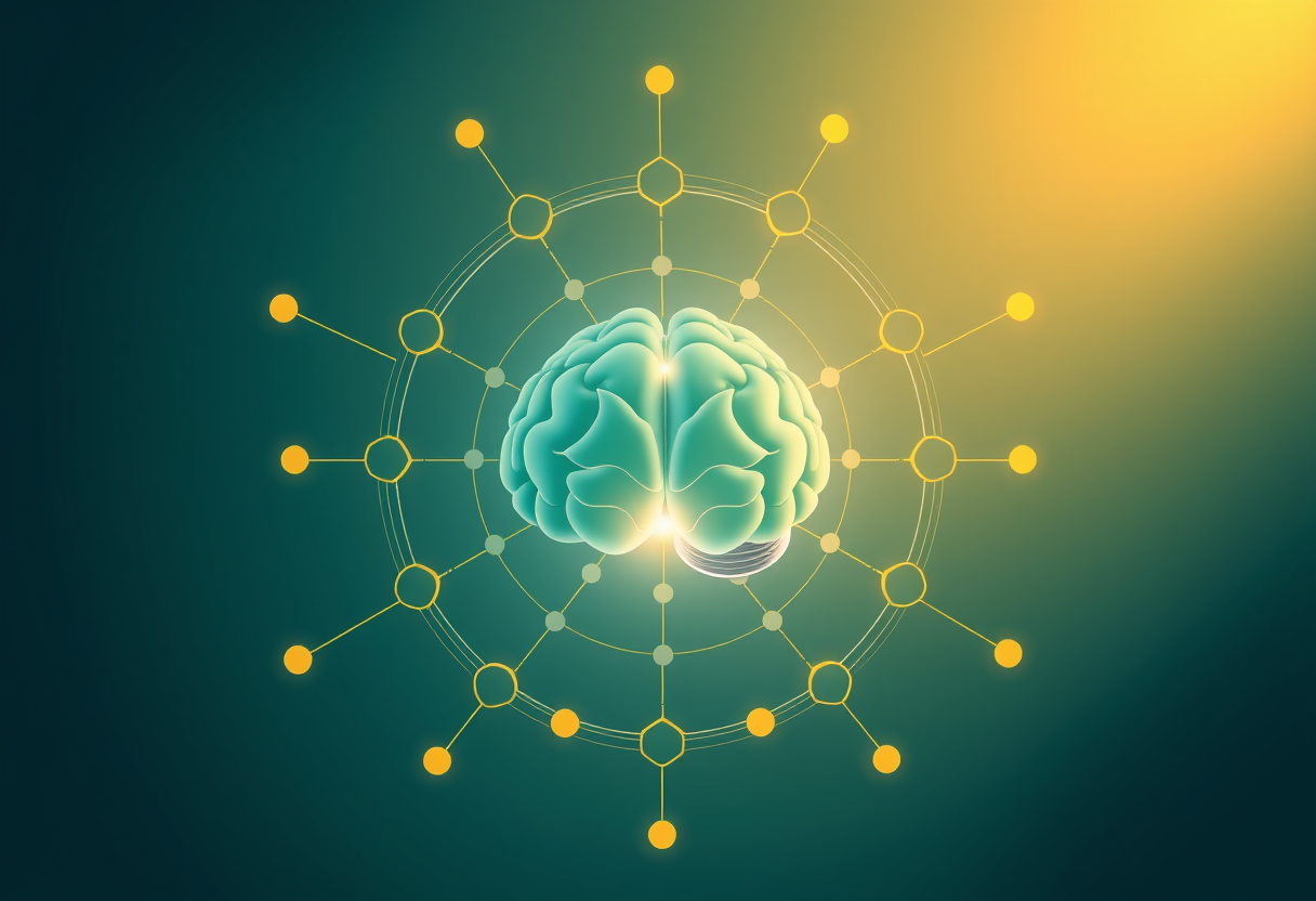 Abstract golden prime factors orbit a glowing brain, illuminating logical connections in an ethereal atmosphere.