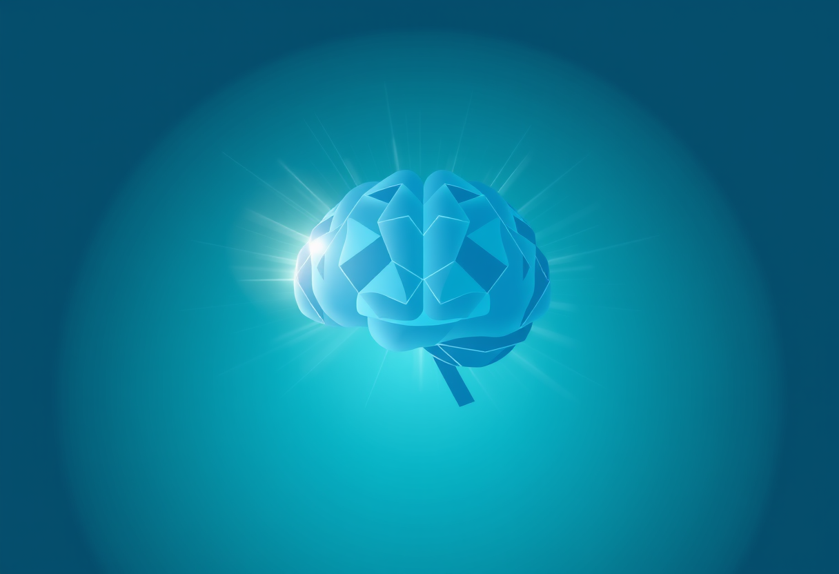 أشعة ضوئية ناعمة تتجمع حول شكل دماغ هندسي، ترمز لعمق الإدراك والتركيز النفسي في خلفية متدرجة هادئة